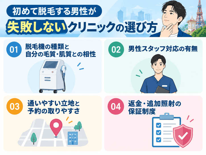初めて脱毛する男性が失敗しないクリニックの選び方