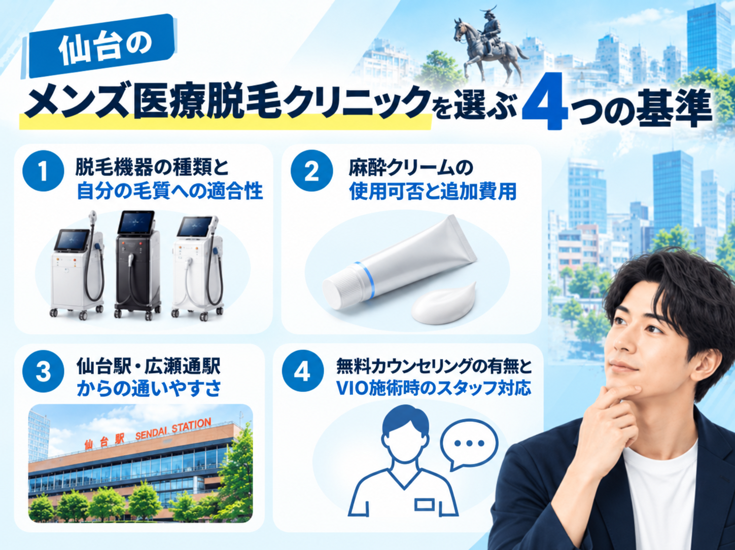 仙台のメンズ医療脱毛クリニックを選ぶ4つの基準